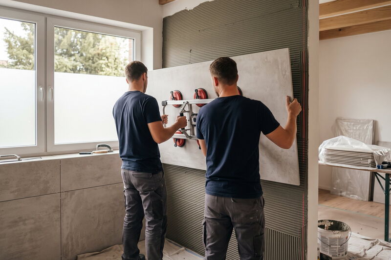 Zwei Fliesenleger setzen eine großformatige Fliese mit dem Saugheber an die Badwand