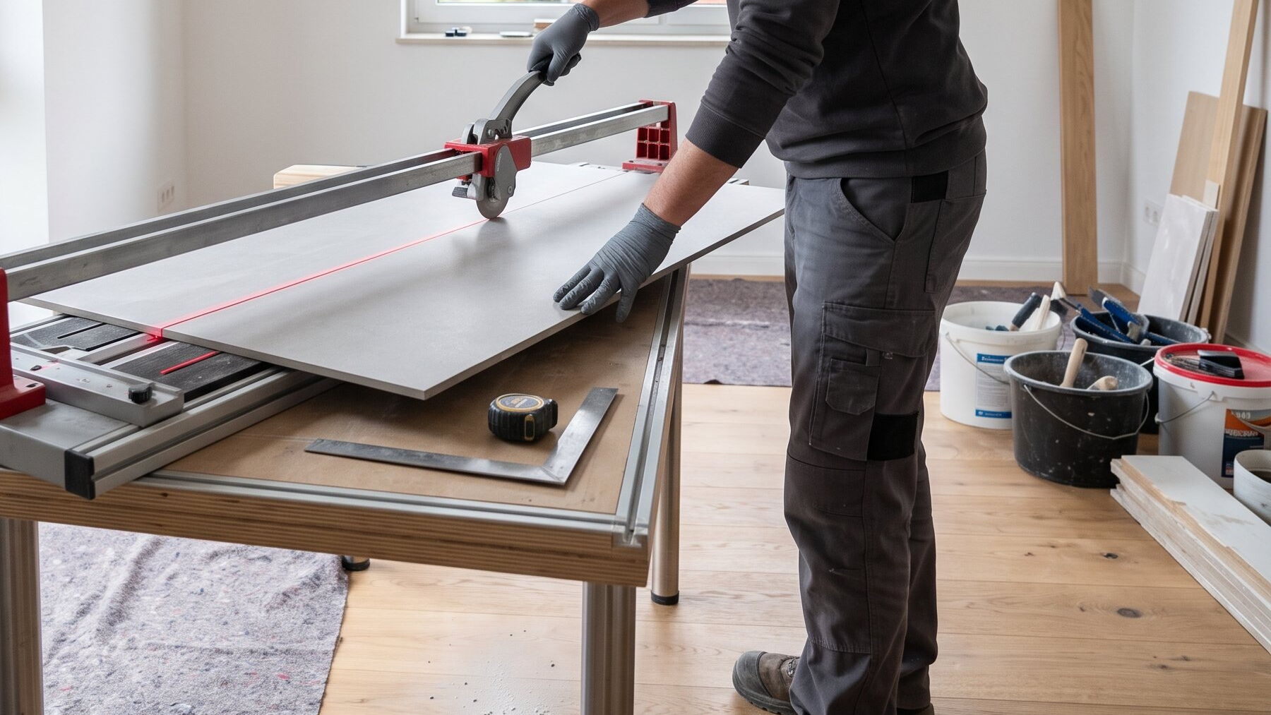 Großformatige Fliese wird auf dem Schneidetisch exakt zugeschnitten