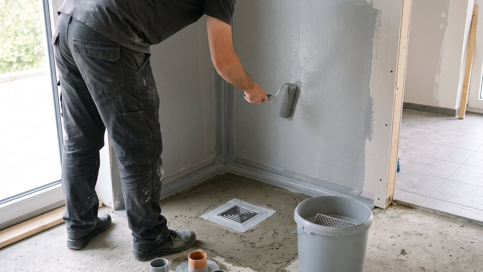 Flüssigabdichtung mit Dichtband in den Ecken eines Duschbereichs