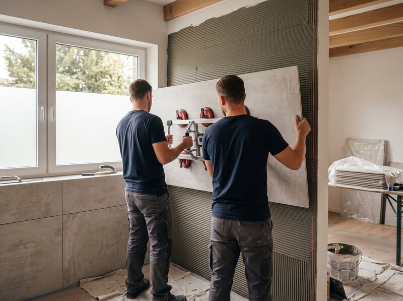 Zwei Fliesenleger setzen eine großformatige Fliese mit dem Saugheber an die Badwand
