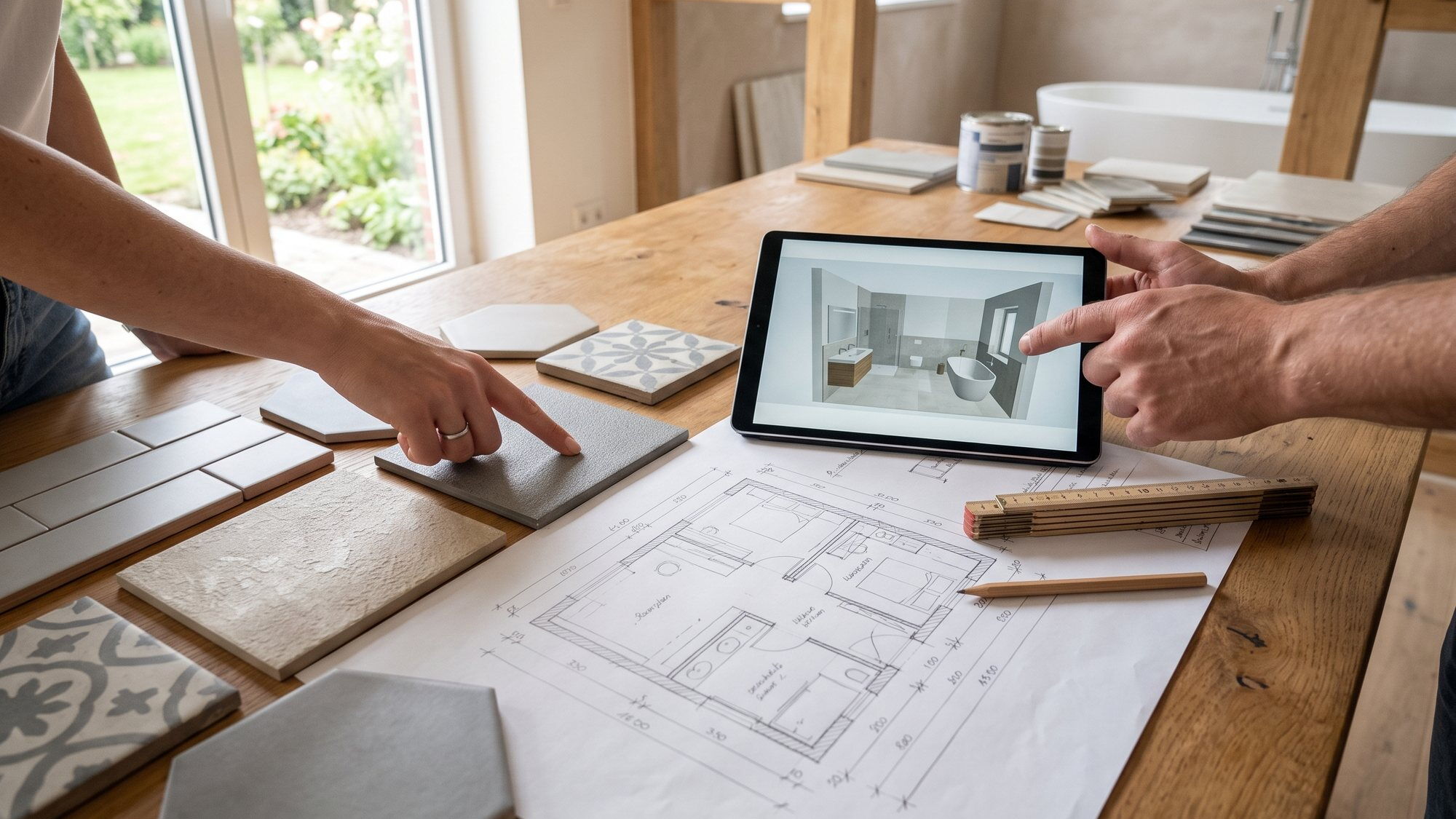 Badplanung am Tisch mit Fliesenmustern, Grundriss und Tablet