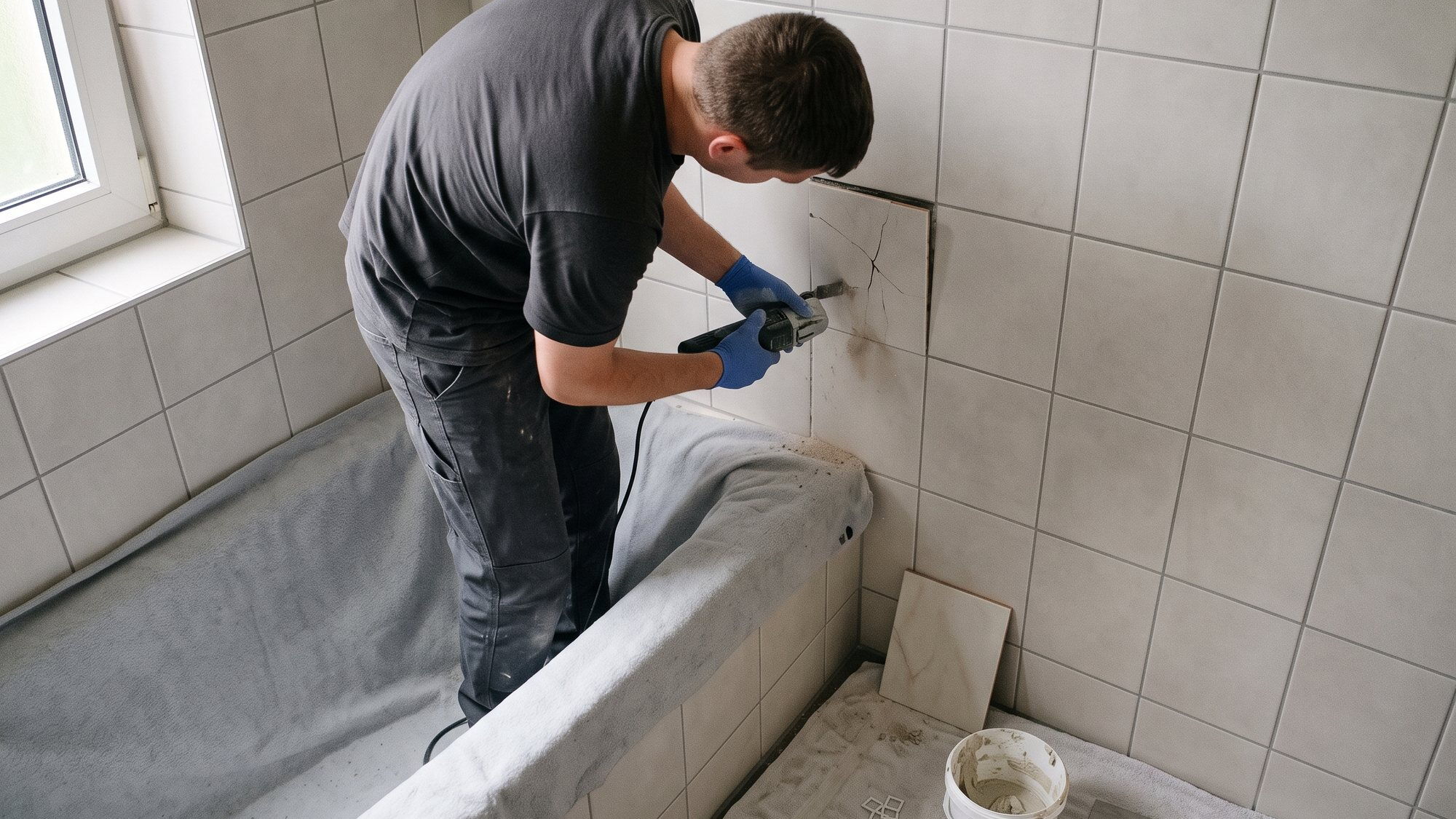 Eine gesprungene Wandfliese wird vorsichtig entfernt, die Badewanne ist abgedeckt