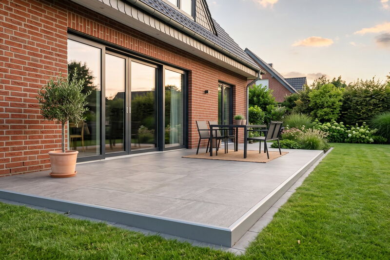 Terrasse mit Keramikplatten vor einem Klinkerhaus im Münsterland