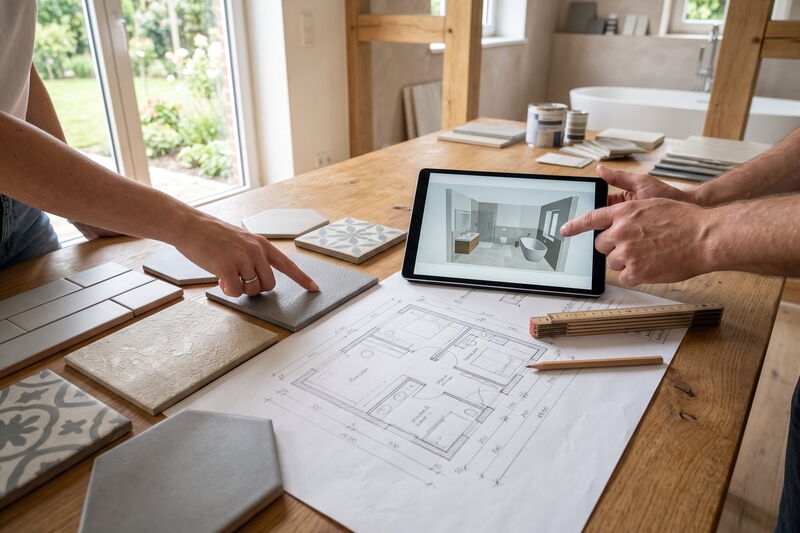 Badplanung am Tisch mit Fliesenmustern, Grundriss und Tablet