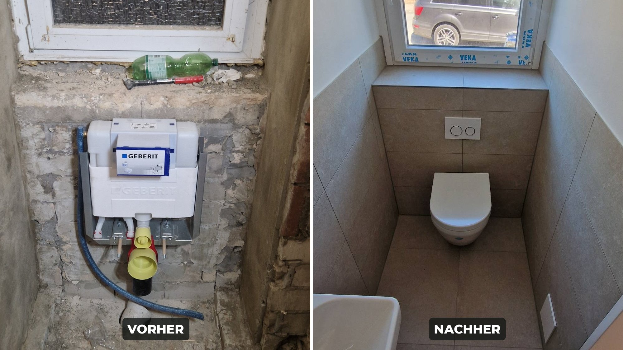 Gäste-WC vorher und nachher: Rohbau mit Vorwandelement links, fertiger Raum mit Wand-WC rechts